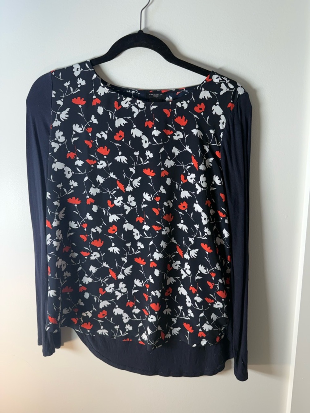 Ann Taylor Navy Floral Long Sleeve Top with Red and White Accents
